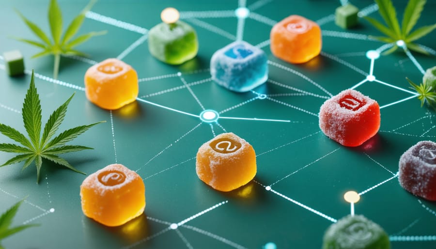 A conceptual depiction intertwining digital marketing elements like SEO, social media symbols, and network motifs with CBD gummies to illustrate the strategies for boosting a CBD gummies business.