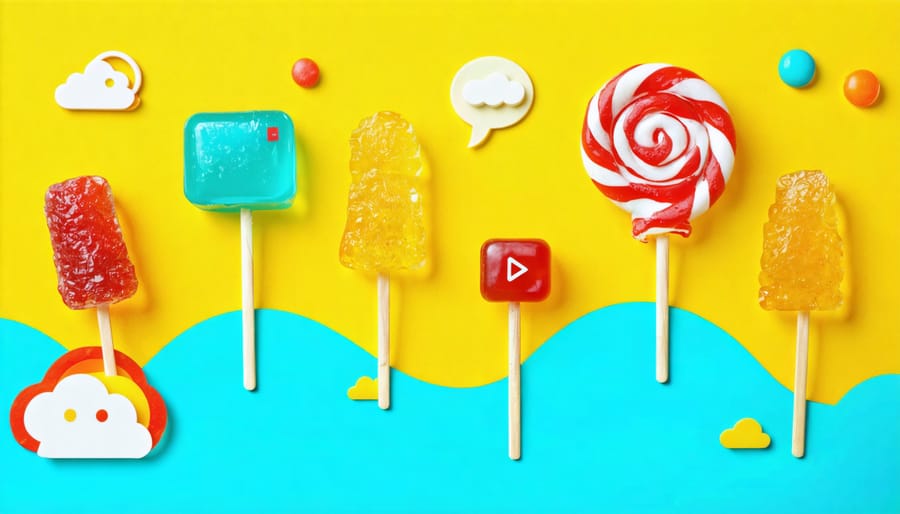 An infographic showcasing digital marketing strategies for freeze-dried candy brands, featuring social media icons, SEO symbols, and colorful candy motifs representing audience engagement and innovative marketing approaches.