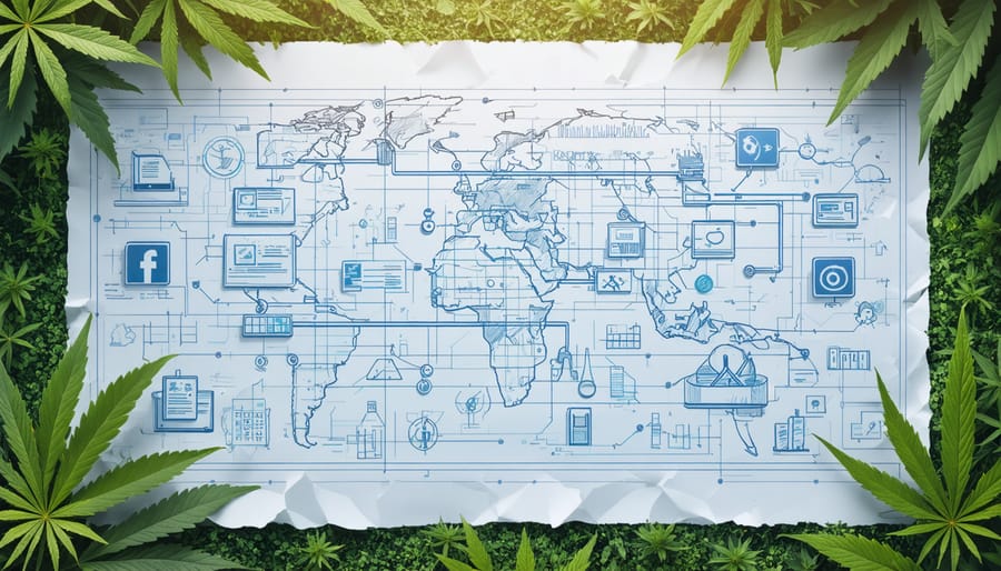 An illustration of a digital marketing blueprint for CBD businesses, featuring icons representing SEO, social media, and compliance tools against a backdrop of hemp plants.